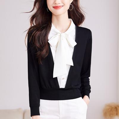 French Chic Bow Top Women's Spring New Fake Two-piece Knitted Sweater Fashion Foreign Bottoming Shirt