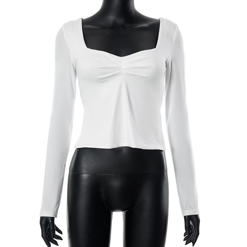 GMXIA Women s Autumn Ins Solid Color Square Collar Long Sleeve Pleated Side Slit Top T-shirt Woman XS белый