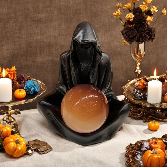 Grim Reaper Statue Gothic Crystal Ball Stand Bookshelf Decor Mysterious Creepy Wizard Robe Sculpture for Halloween Home Decor