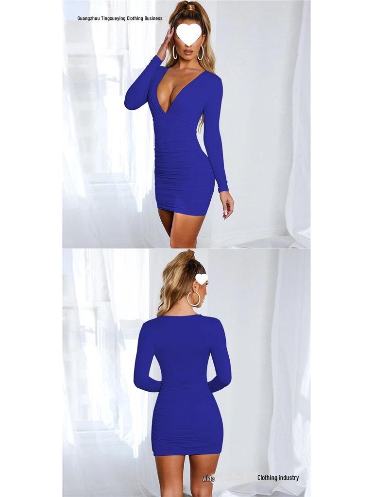 European Sexy Deep V Ruffled Bodycon Dress for Autumn/Winter