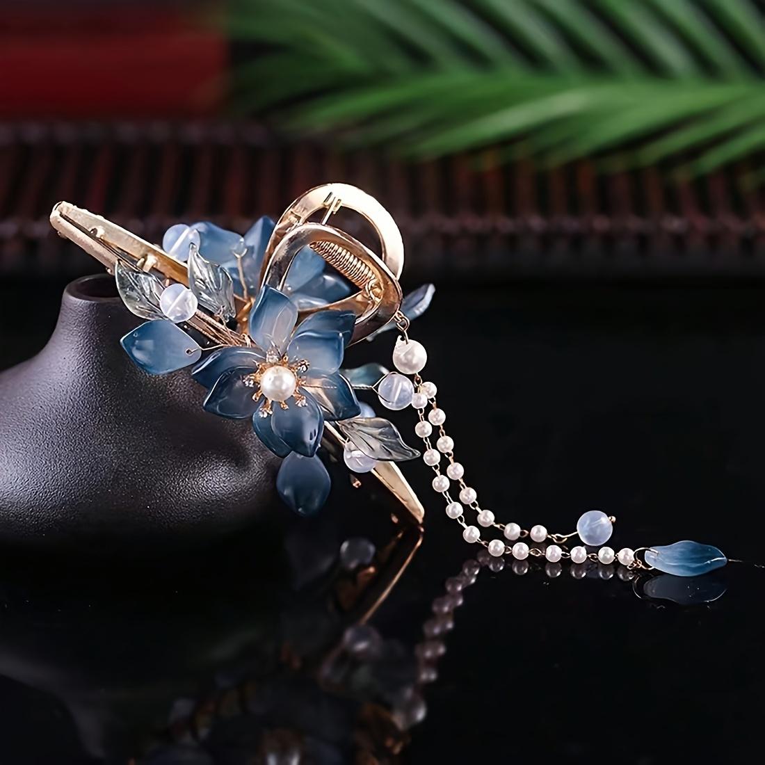

1 шт. Элегантный стиль заколка-краб для волос, ретро-заколка в виде акулы с синими цветами и кисточками, женский аксессуар для волос, цветочный дизайн с искусственными жемчужными акцентами синий