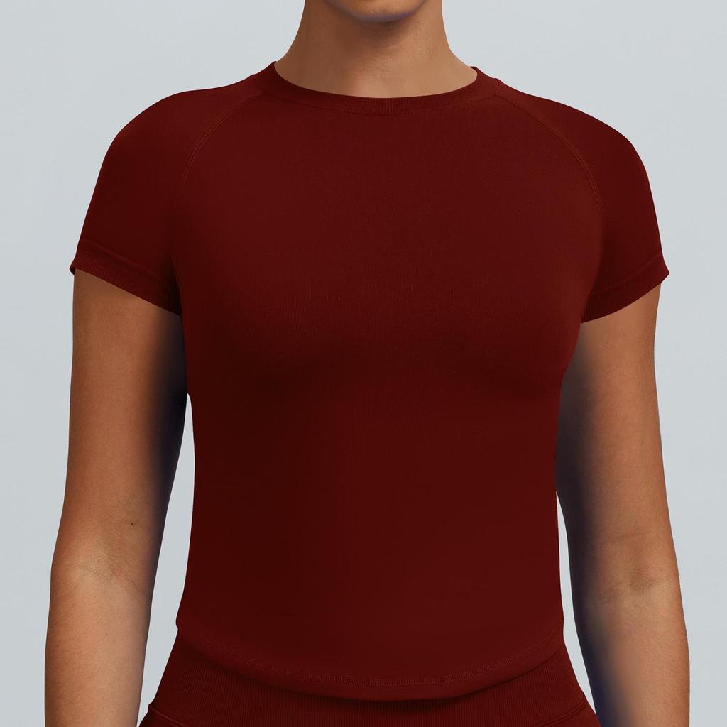 High-Stretch Seamless Nylon Yoga T-Shirt: Moisture-Wicking, Tight-Fit, Hip-Length Short Sleeve