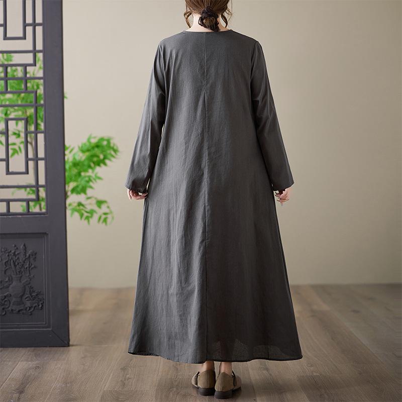 2026 Plus Size Cotton Linen Printed Round Neck Loose Long Sleeve Holiday Dress