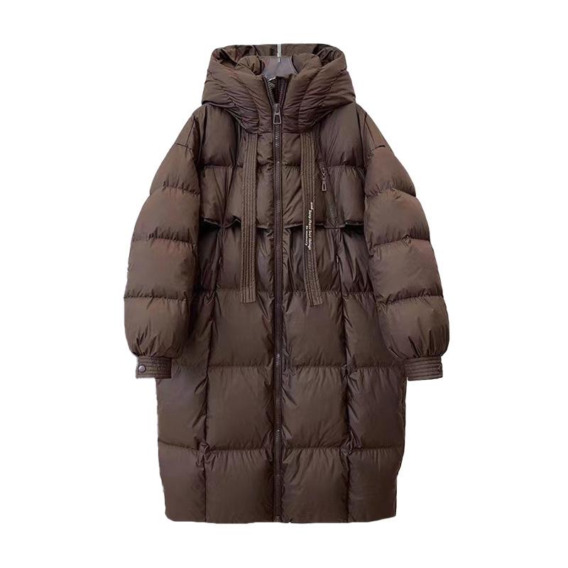 Dámská dlouhá péřová bunda z bílého kachního peří 2025 zima nová módní zateplená s kapucí volná teplá ke kolenům