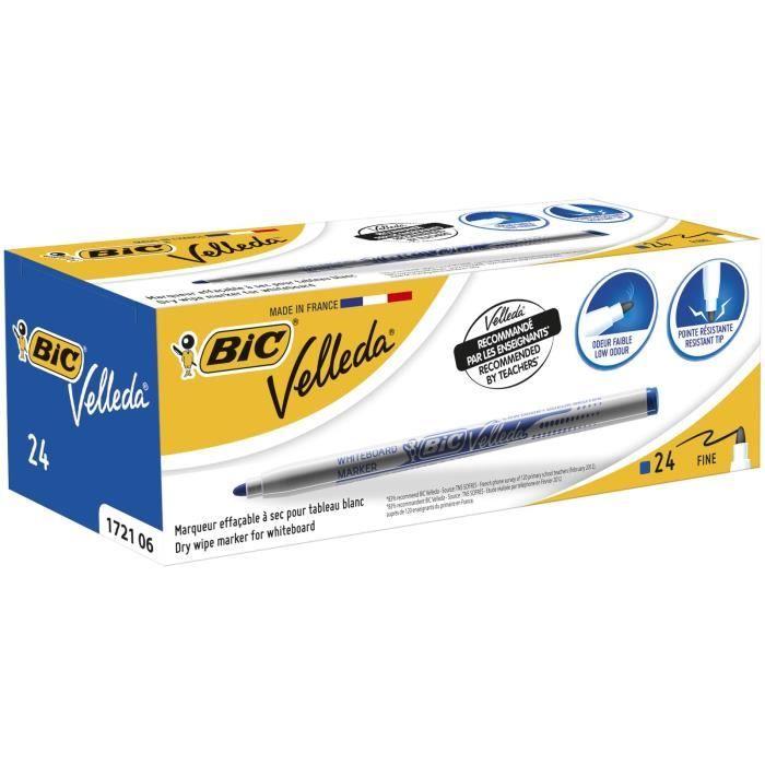 BIC Velleda 1721 Feutres pour Tableau Blanc Effaçables à Sec Pointe Conique Fine - Bleu, Boîte de 24