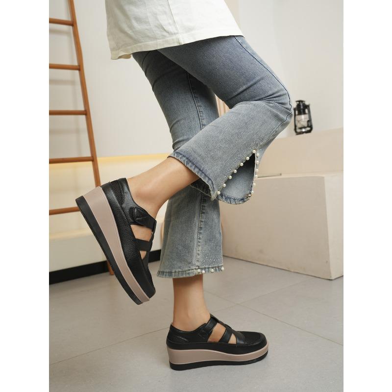 Women's Spring Breathable Hollow Wedge Platform Mesh Slip-On Shoes, Professional Casual Footwear.