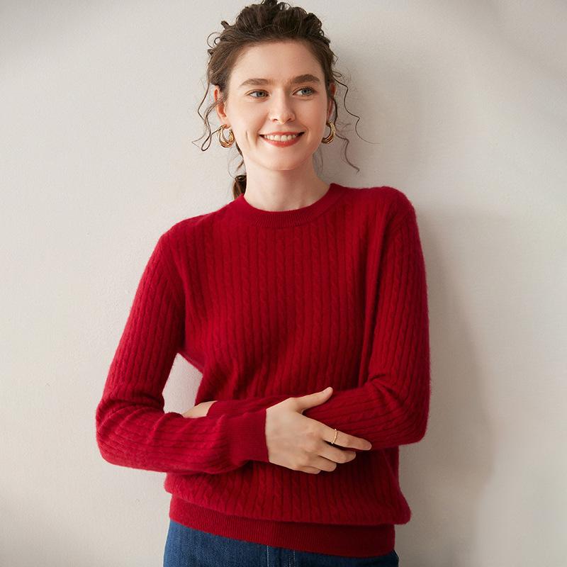 Women's Cashmere Round Neck Cable Knit Sweater - Soft, Comfortable, and Versatile for Autumn and Winter