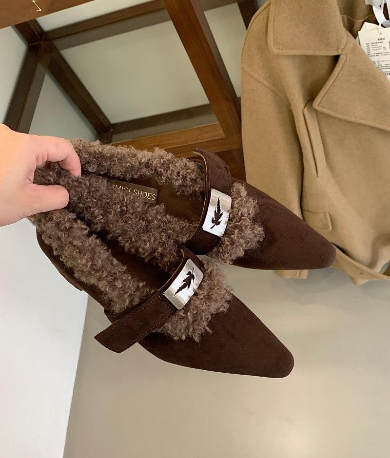2025 new winter heightening suede pointed head belt buckle slope heel plush shoes women