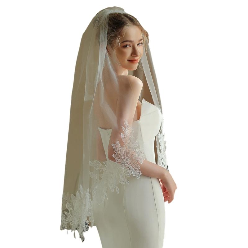 

Elegant Chapel Bridal Veils with Delicate Embroidery Flower Trim and Hair Comb For Women Wedding Ceremony Accessories 1