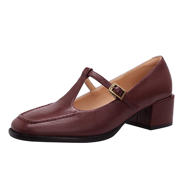 Retro Firkantet Tykk Hæl Mary Jane Sko Elegante Damesko En-stropp Pendlersko Mykt Skinn T-formet Lavskårede Enkelsko