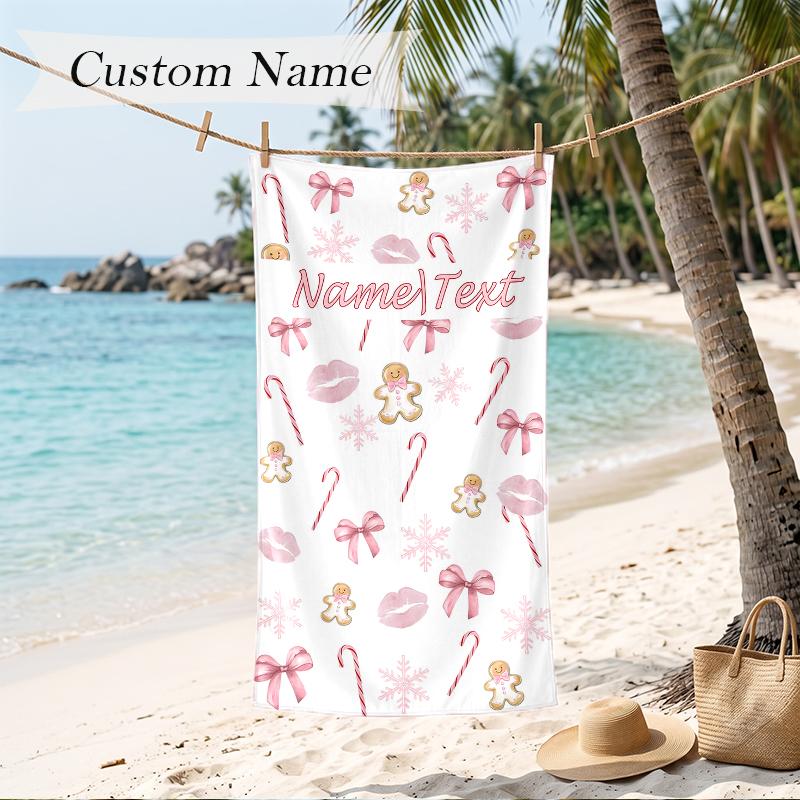 Pink Christmas Custom Name Printed Beach Towel Personalized Soft Towel For Swimming Beach Travel
