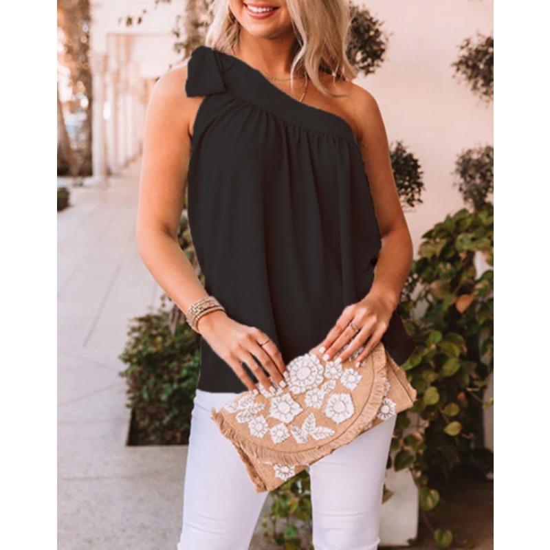 Women Casual Fashion One Shoulder Lace Up Off Shoulder Solid Sleeveless T Shirt Top S чёрный
