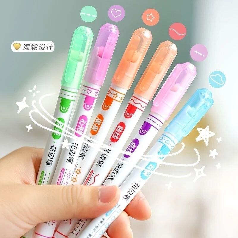 6Pcs/Set Kawaii Flowers Line Shaped Highlighter Pens Roller Tip Curve Liner Marker Writing