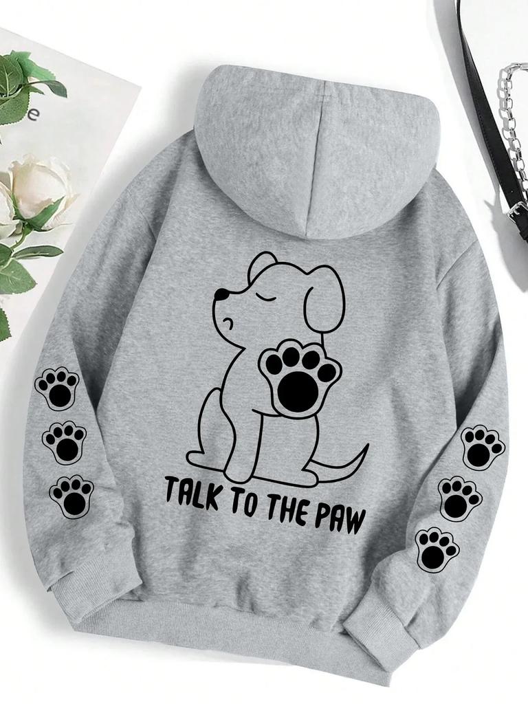 Talk To The Paw Funny Dog Cartoon Print Hoodie Women Warm Fleece Hoody Fashion Casual Hooded Autumn Loose Round Neck Woman Tops