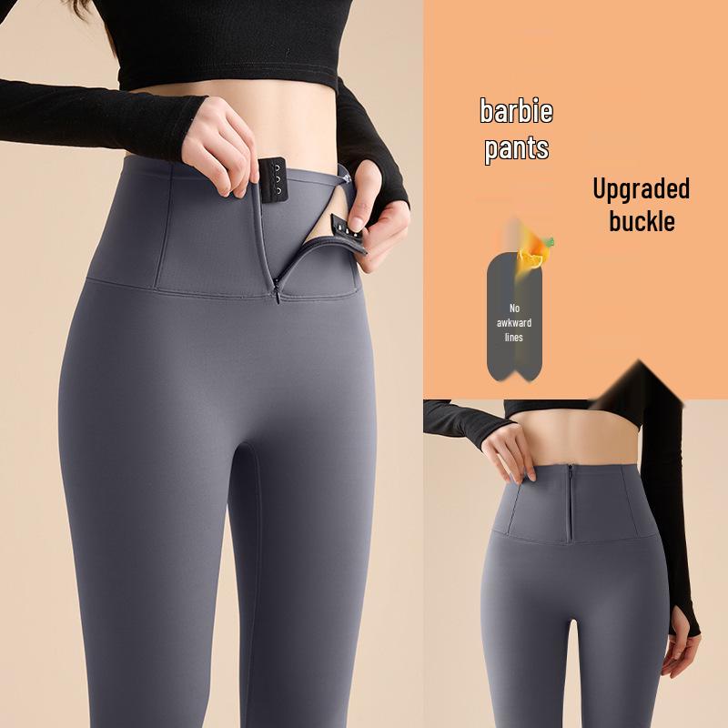 Korean Style Women's Tummy Control Velvet-Lined Yoga Pants - Autumn/Winter Hip-Lifting Base Layer with Button Closure