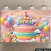 2D Pink Pastel Birthday Backdrop with Cake, Balloons & Stars