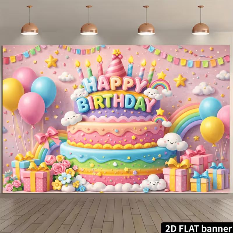 2D Pink Pastel Birthday Backdrop with Cake, Balloons & Stars