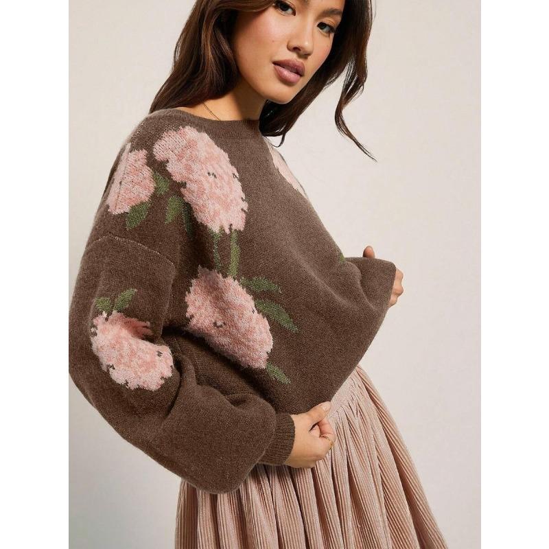 Women S Loose Round Neck Long Sleeve Knit Sweater Lazy Floral Pattern