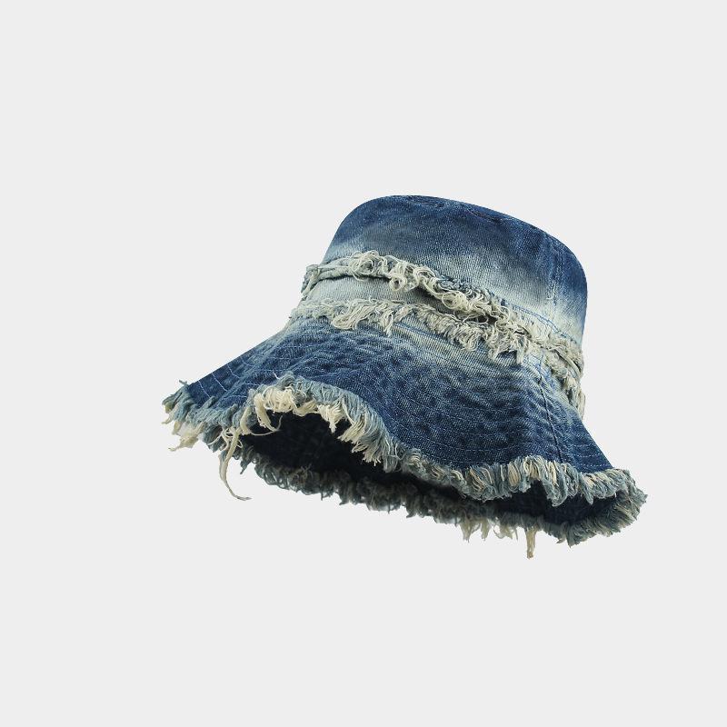 

Vintage Denim Patchwork Bucket Hat Breathable Sun Hat with Distressed Hem for Men/Women (Beach, Fishing, Outdoor) New Retro 54-58cm темно-синього кольору