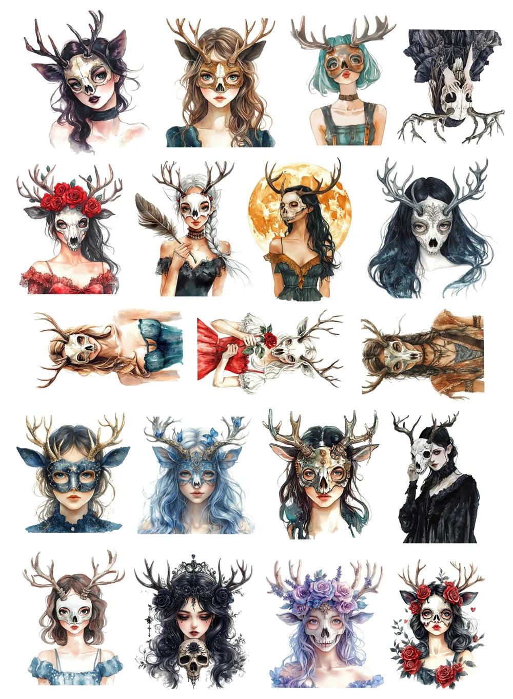 1set cute Handbook Antlers Skull Mask Girl Witch Stickers Retro  Paper Hand-tornStyle Diary Photo Album Decorative diy белый