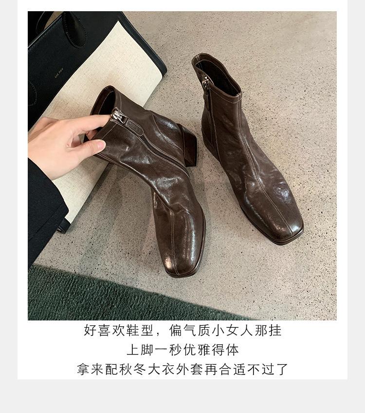 [Autumn and Winter Explosion] Korean Square Head Washed Horse Skin Thin Short Boots Thick Heel Side Zipper Thick Sole Small Ankle Boots Children