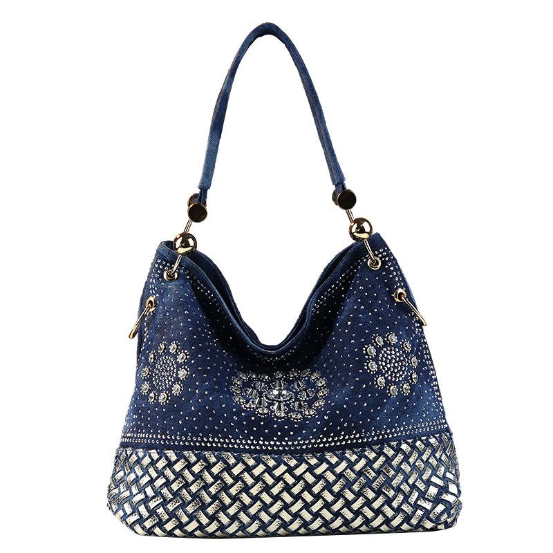 European and American Fashion Retro Fashion Diamond Studded Tote Bag Large Capacity Denim Hot Stamping Casual Shoulder Crossbody Bag