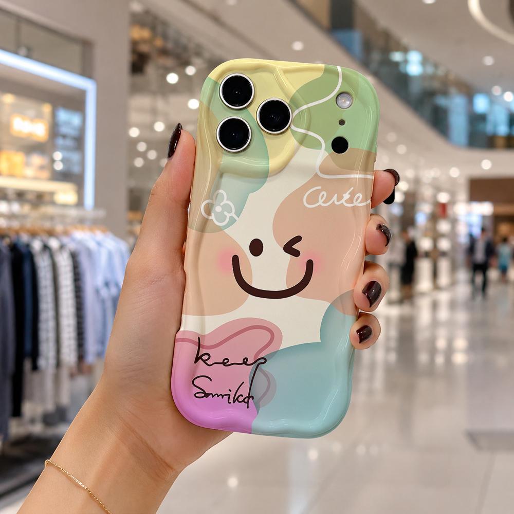 Keep Smiled Wink Heart Pastel Color Block Wavy Edge Phone Case For iPhone 17 16 15 14 13 12 11 8 7 Plus Pro Max Cute Cover