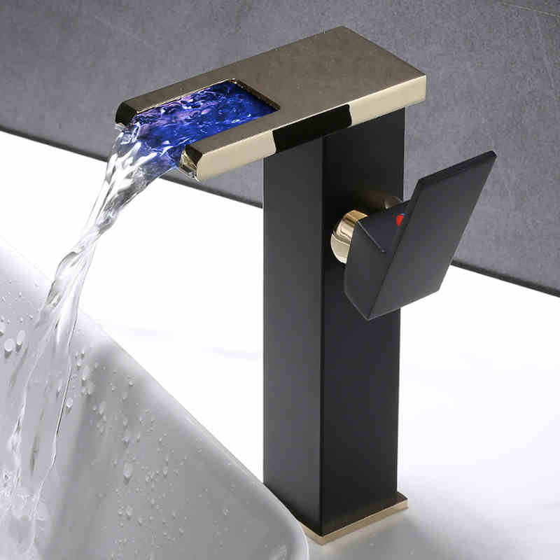 Bathroom Basin Faucet Black Gold Brass LED Sink Mixer Tap Hot and Cold Unique Design Basin Lavtory Faucet Brass