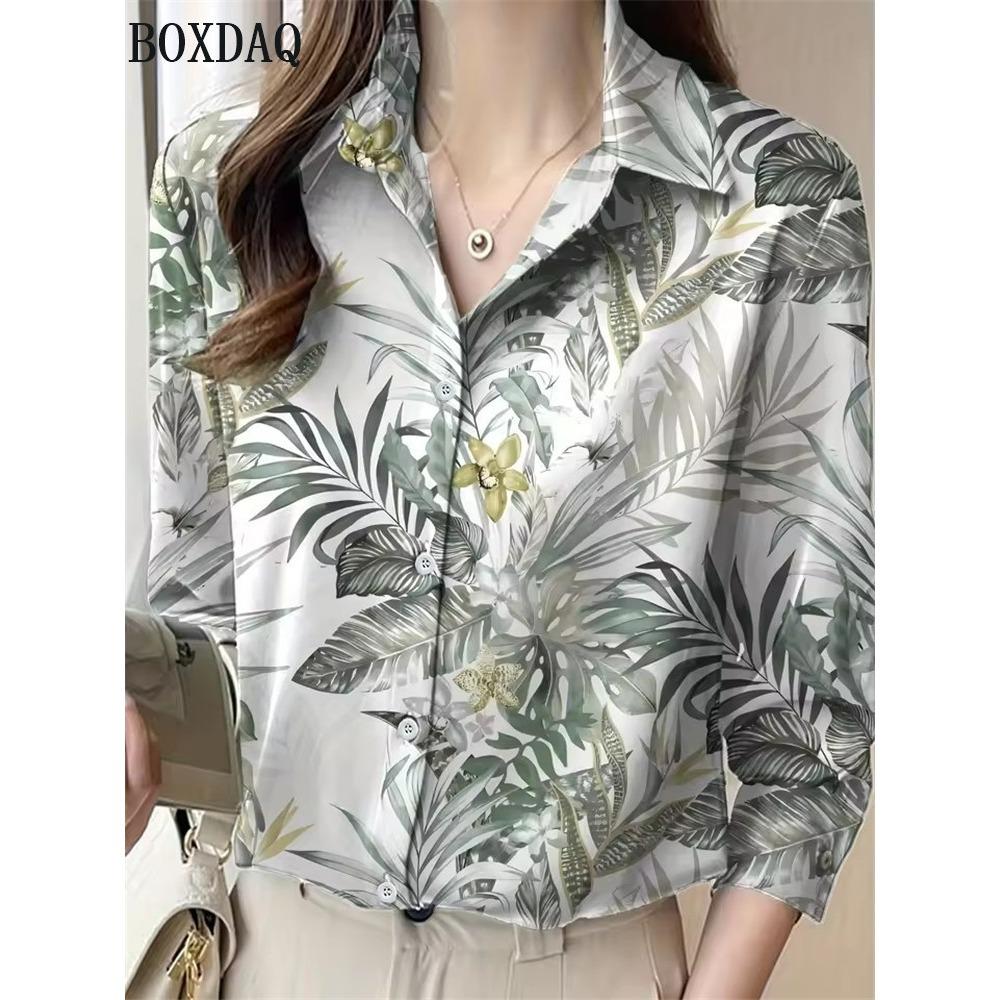 Bahar Sonbahar Kadın Uzun Kollu Gömlek Moda Zarif Kelebek Baskılı Desenli Üstler Günlük Düğmeli Bol Kadın Bluz