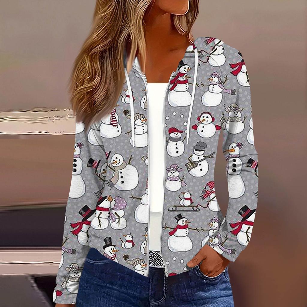 Chaqueta Casual con Capucha y Cremallera de Manga Larga con Estampado Navideño de Moda para Mujer