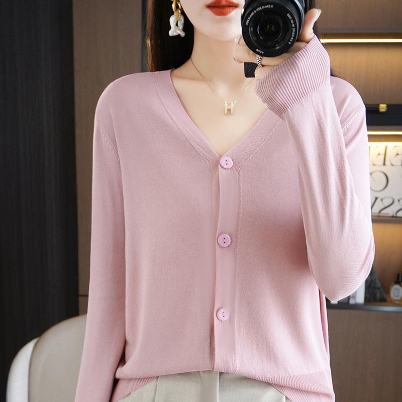 IHUASU Summer Thin Long-sleeved Ice Silk Knitted Women Cardigan Jacket Sun Shirt Air Conditioning Shirt with Skirt V-neck Outwear Tops