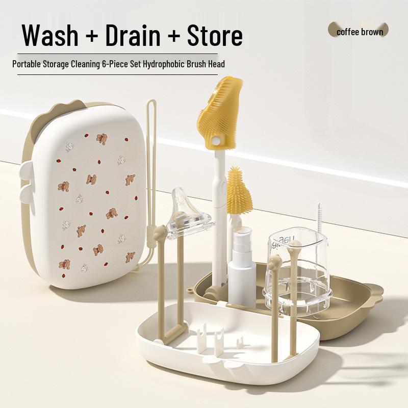Portable Baby Bottle and Nipple Brush Set with Storage Box - Silicone Cleaning Tool
