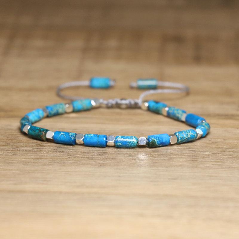Türkis Röhrenperlen Armband – Silber Akzent Verstellbar Zierlicher Schmuck, Schutz Glück Geschenk für Männer & Frauen