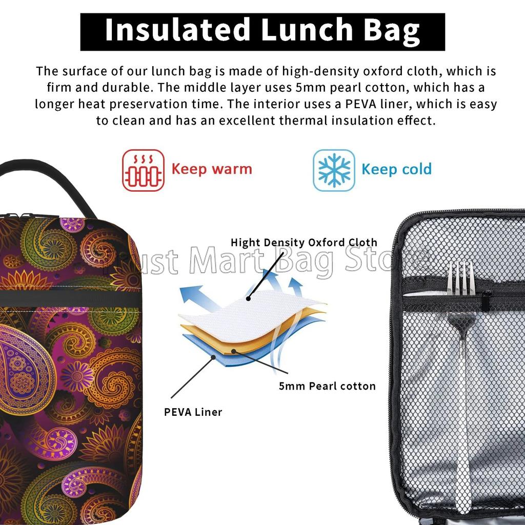 Red Paisley Mandala Lunch Box Portable Insulated Lunch Bag Reusable Cooler Bento Tote Bag for Women Men Work Picnic Hiking
