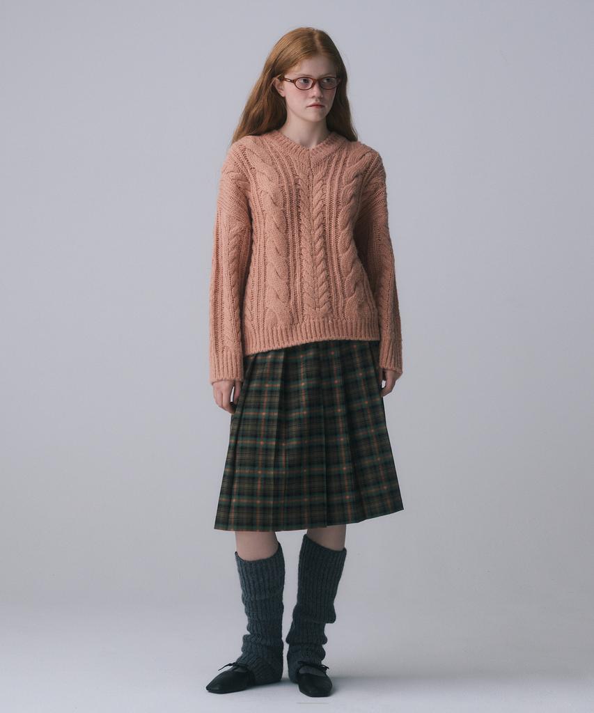 FUNFROMFUN V-Neck Cable Knit Pullover, Apricot