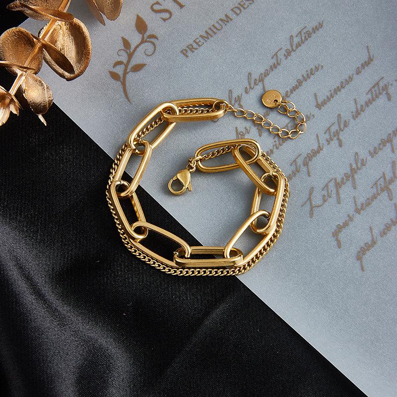 Gold Double Layer Paperclip Curb Chain Bracelet – Bold Industrial Jewelry, Modern Minimalist Gift for Women