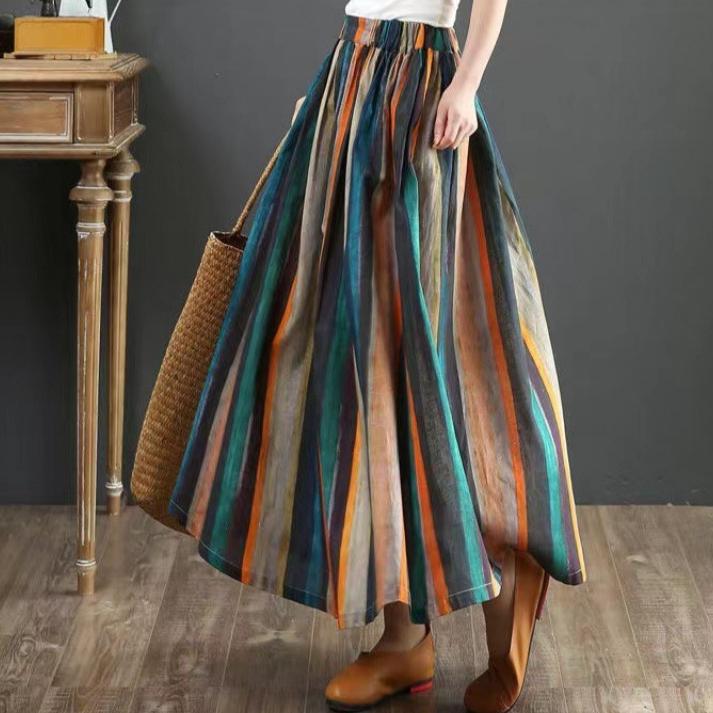

Летние художественные свободные лоскутные полосатые юбки из хлопка и льна с эластичной резинкой на талии, женская юбка средней длины One Size