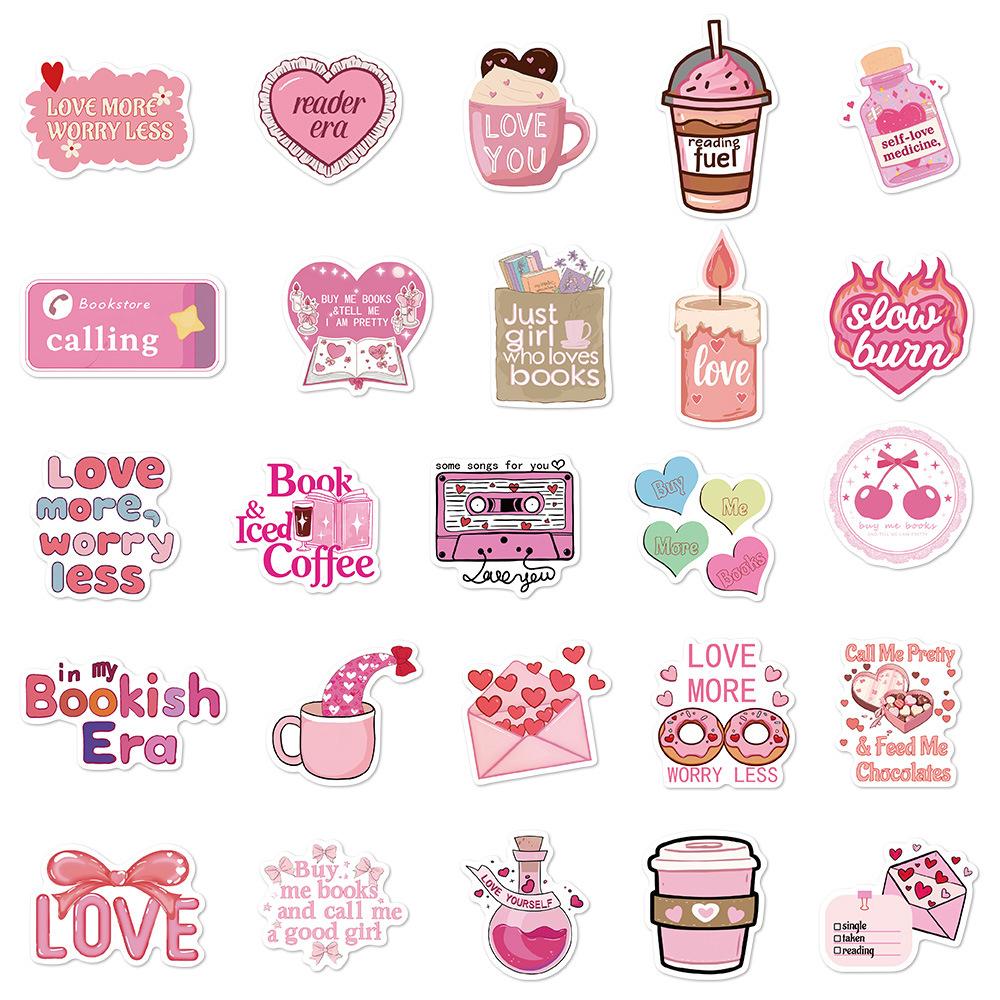 10/30/50pcs Pink Bookish Love Art Graffiti Sticker Romantic Reading Decals DIY Laptop Diary Stationery Aesthetic Cartoon Sticker