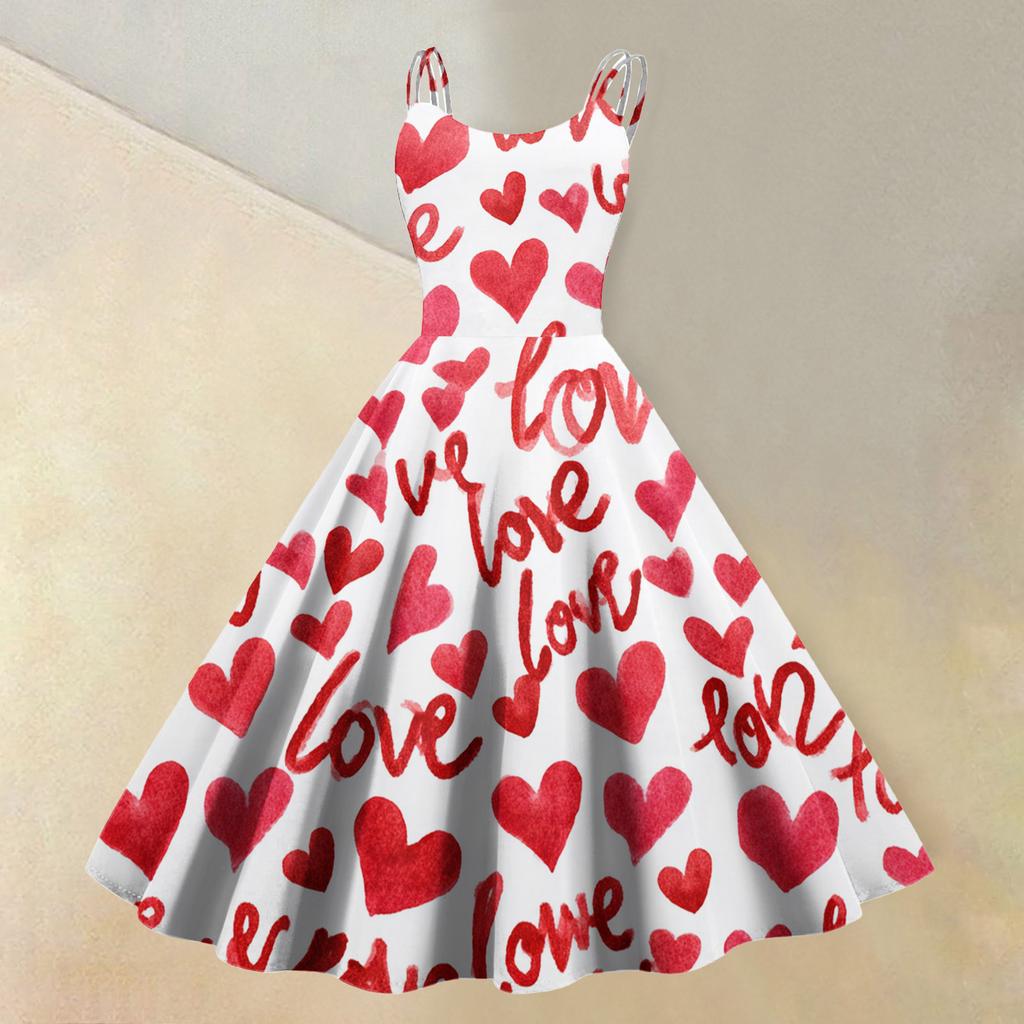 Women's Valentine's Day Love Heart Print Sexy Off Shoulder Vintage Dress