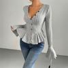 Women V‑Neck Button Knit Top Long Flare Sleeve Ruffle Hem Slim Fit Peplum Casual Sweater Blouse