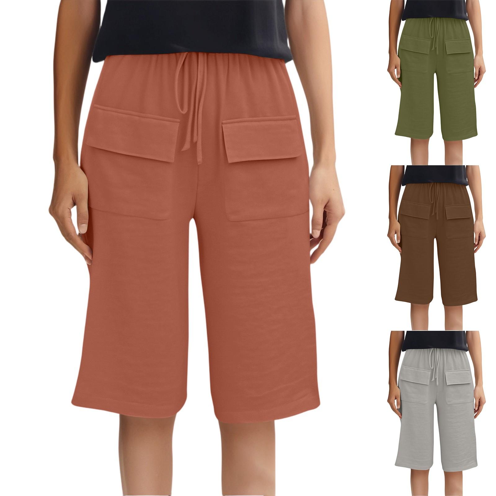 

Women s Fashion Solid Color Pocket Casual Drawstring Quarter Pants XL шафрановий