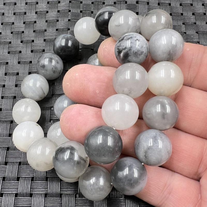 Xinjiang Blue & White Jade 14mm Round Bead Bracelet with Black Flower Design 12mm Diameter