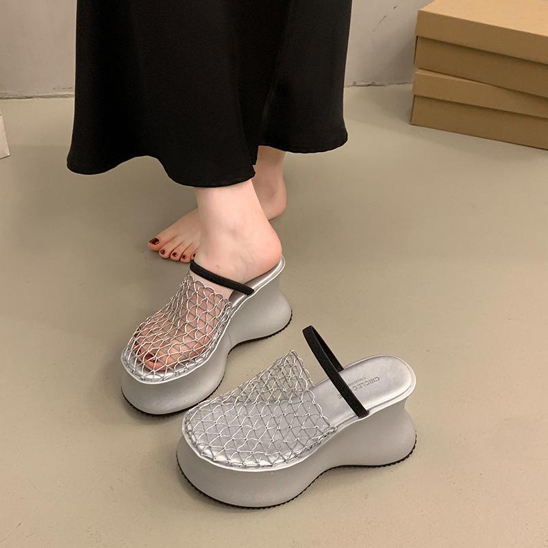 French Muffin Platform Sandals Women's 2025 New Hollow Breathable Wedge Heel Half Slippers Small Height-increasing Cool Slippers