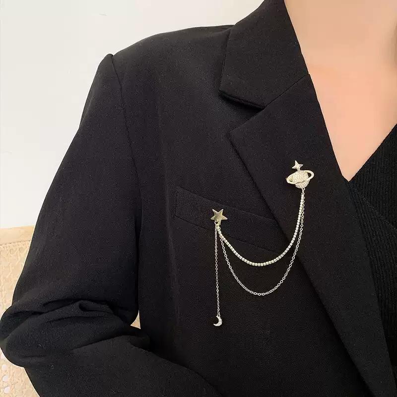 Chain Tassel Planet Suit Pin Brooch Single-Stitched Corsage Mourning Brooch