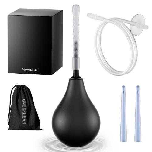 GNEGKLEAN Black Silicone Enema Bulb Kit 7.6oz Clean Anal Douche for Men Women with 19.7in Hose+4 Replaceable Nozzle (Black)