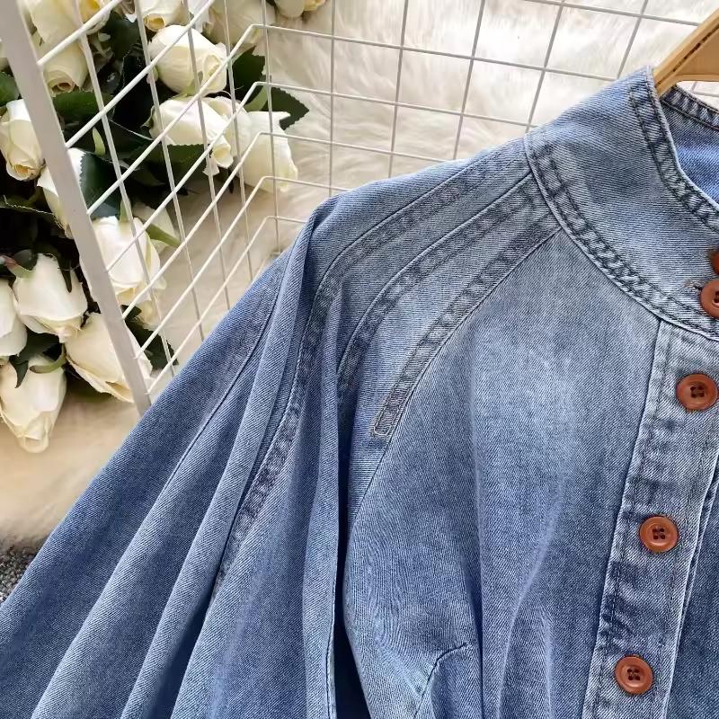 Denim Hemden&Blusen Damen Oberteile Herbst Frühling Laternenärmel Retro Einfarbig Stehkragen Bindegürtel Schick Camisas