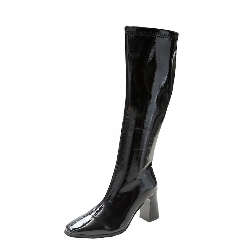 But knee boots women's autumn and winter new patent leather thick heel high heel square head side zipper high knight boots