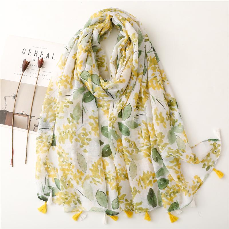 "Bali Yarn Cotton-Linen Scarf: Fresh Solid Color, Fruit Green & Bright Yellow Leaf Print with Tassel Detail"