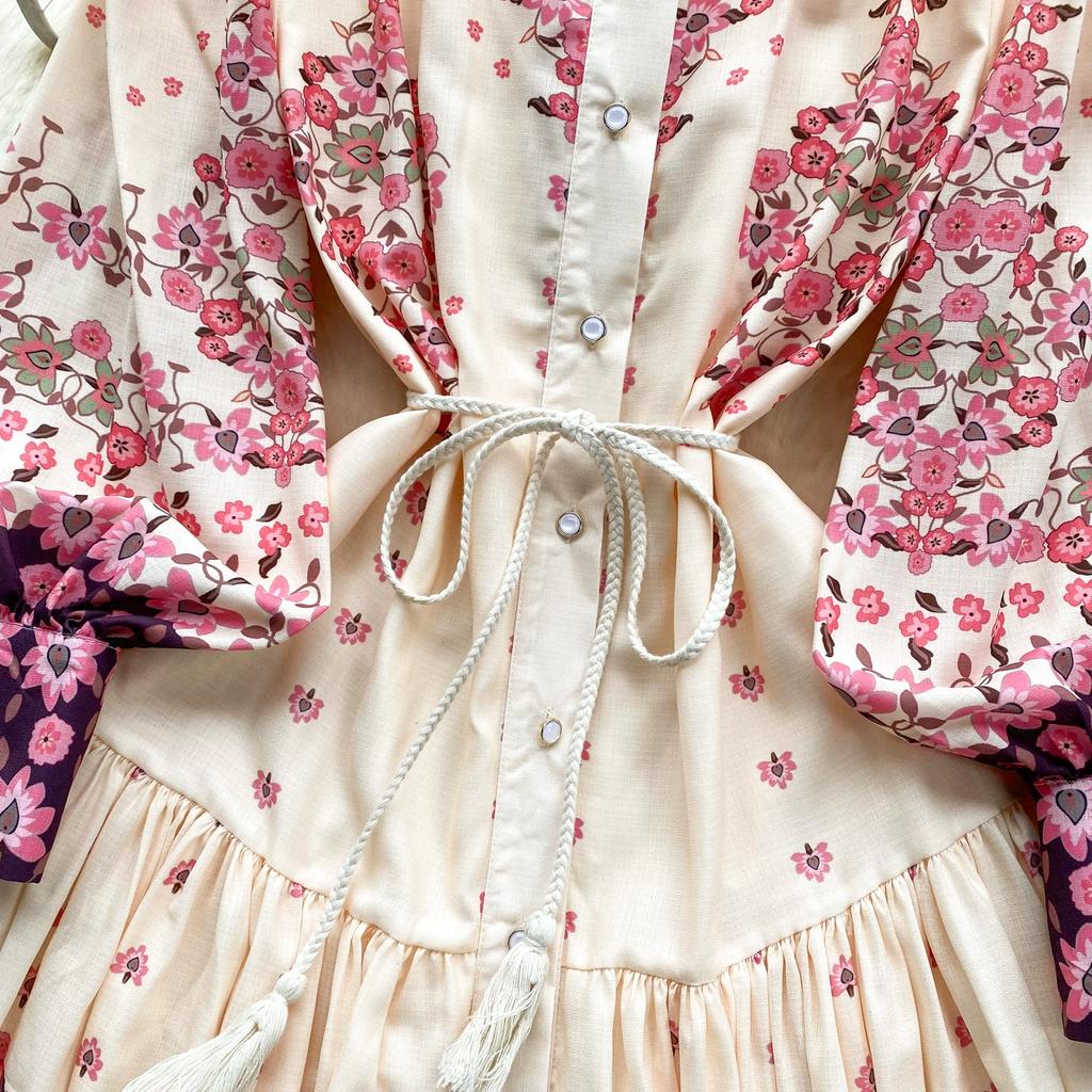 Spring Autumn Women Lantern Sleeve Print Single Breasted Loose Holiday Beach Party Long Maxi Dresses with Belt