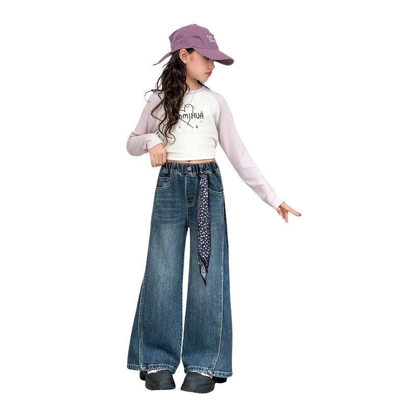 Girls' Korean Style Wide-Leg Trousers: Trendy Spring & Autumn Jeans for Junior High Students